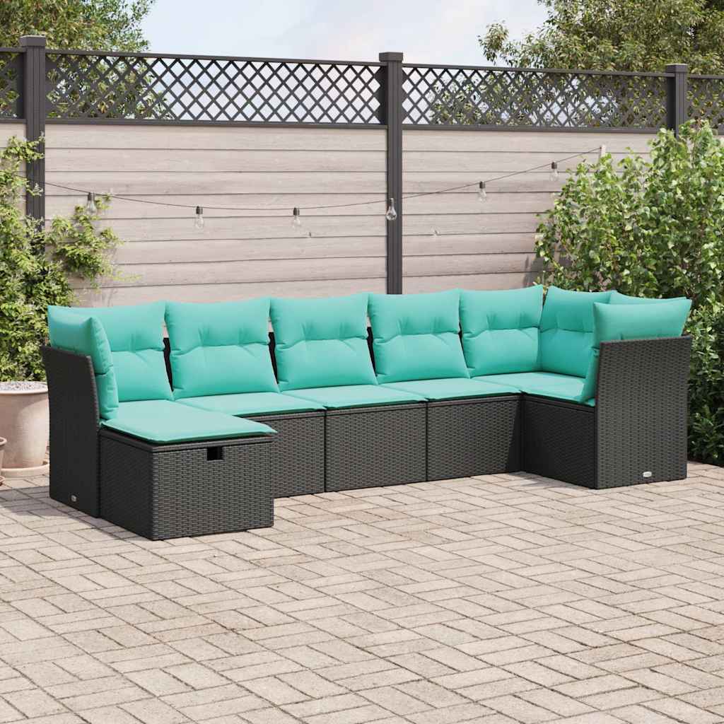 vidaXL 7-tlg. Garten-Sofagarnitur mit Kissen Schwarz Poly Rattan