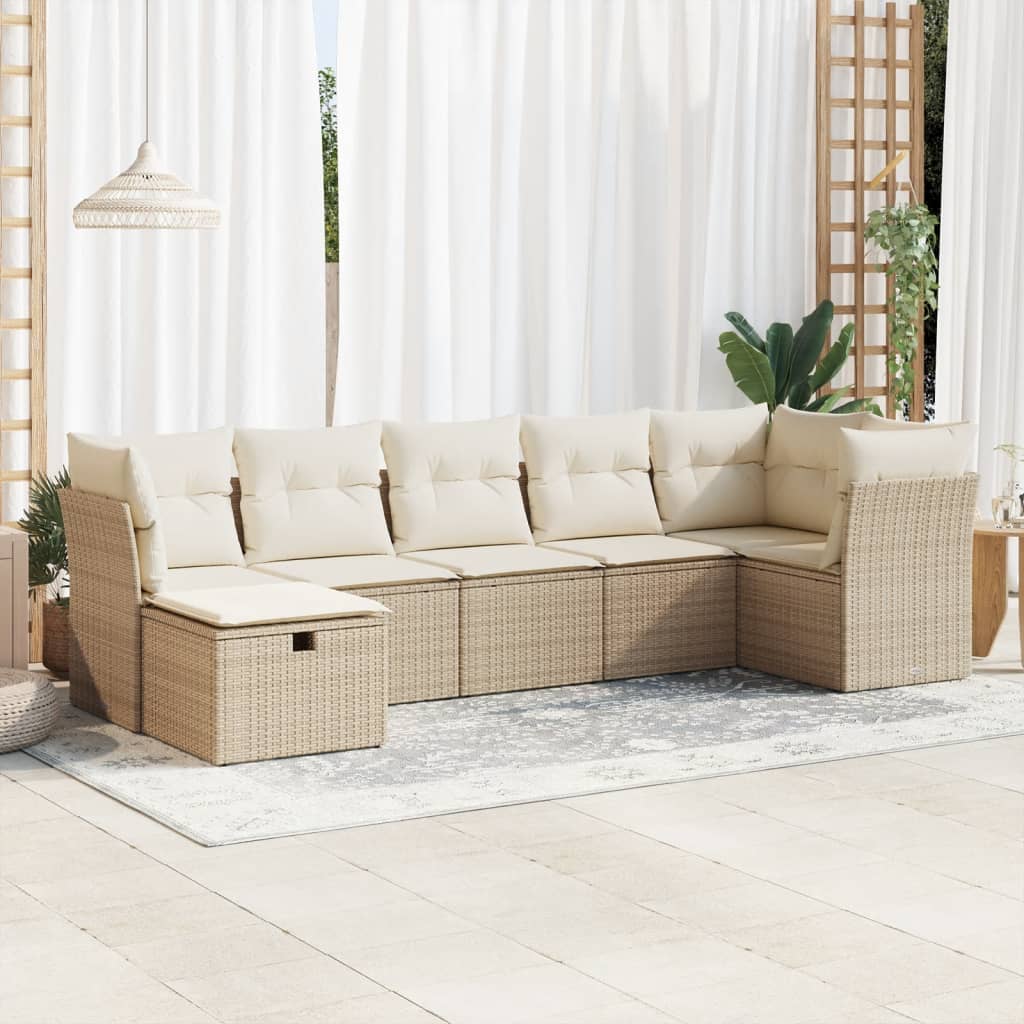 vidaXL 7-tlg. Garten-Sofagarnitur mit Kissen Beige Poly Rattan