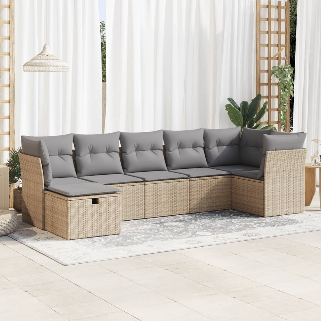 vidaXL 7-tlg. Garten-Sofagarnitur mit Kissen Beige Poly Rattan