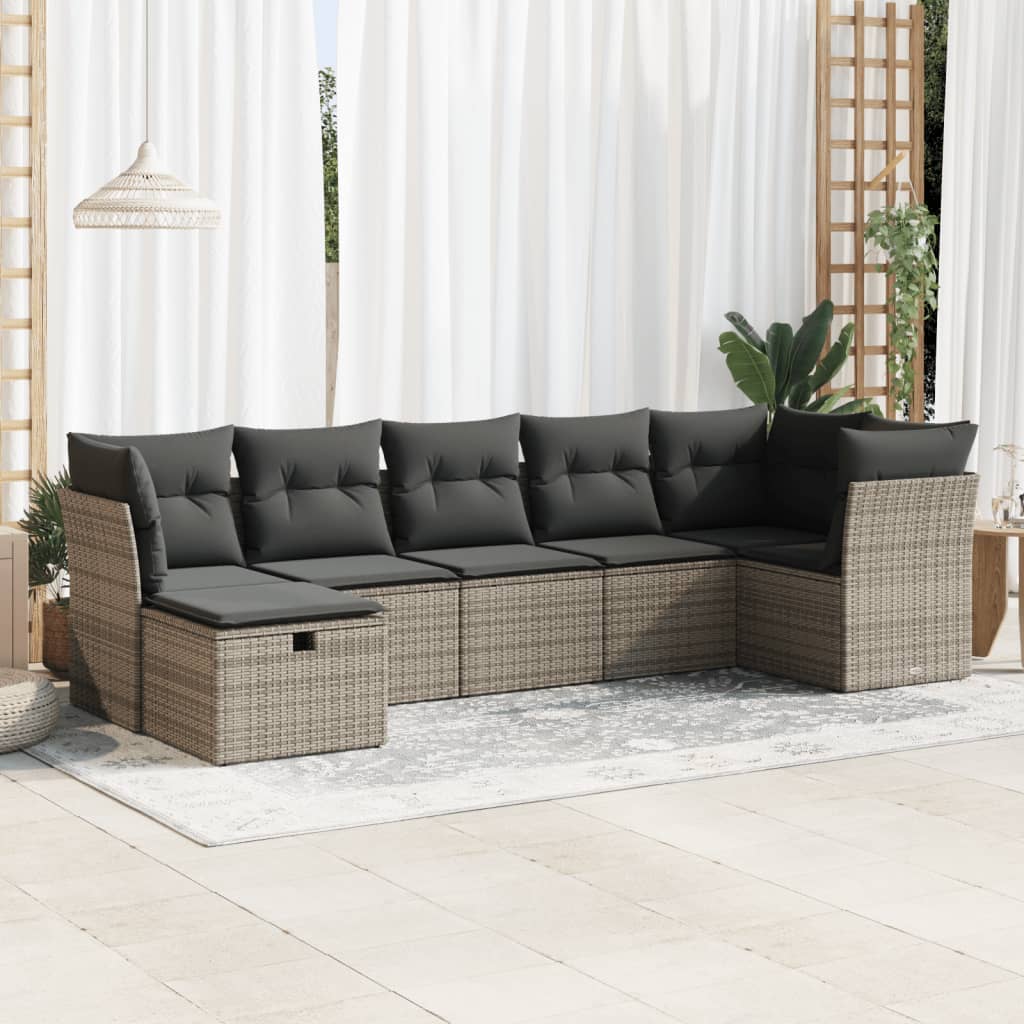 vidaXL 7-tlg. Garten-Sofagarnitur mit Kissen Grau Poly Rattan