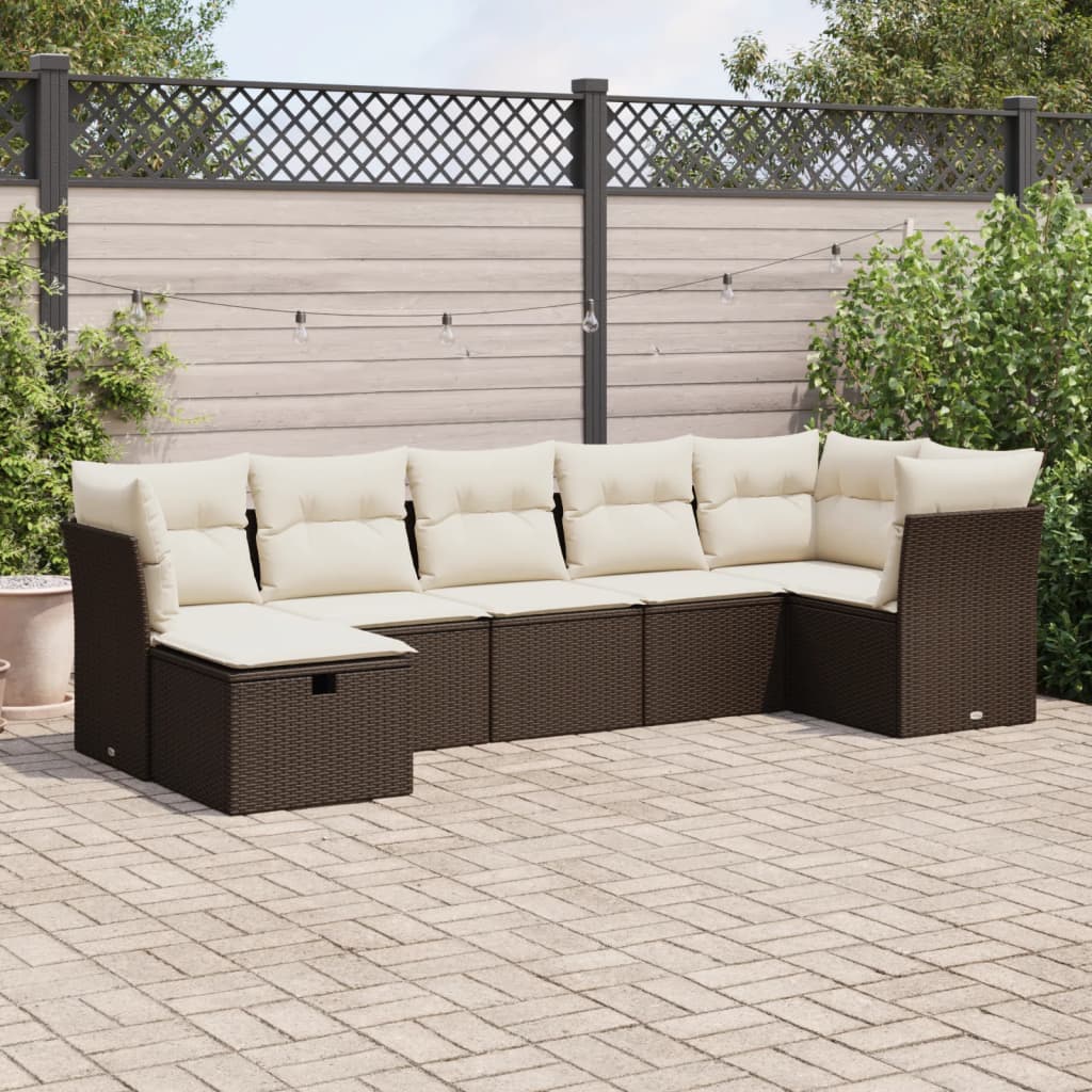 vidaXL 7-tlg. Garten-Sofagarnitur mit Kissen Braun Poly Rattan