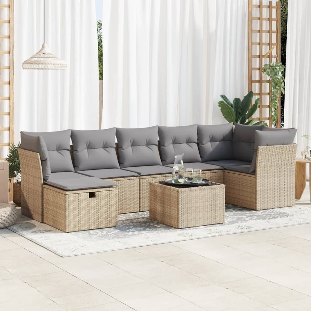 vidaXL 8-tlg. Garten-Sofagarnitur mit Kissen Beige Poly Rattan