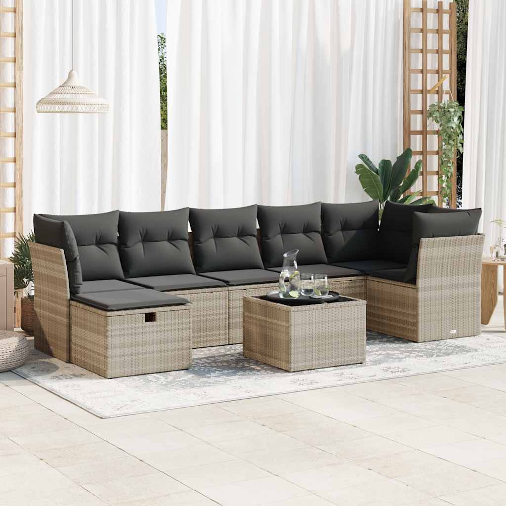 vidaXL 8-tlg. Garten-Sofagarnitur mit Kissen Hellgrau Poly Rattan
