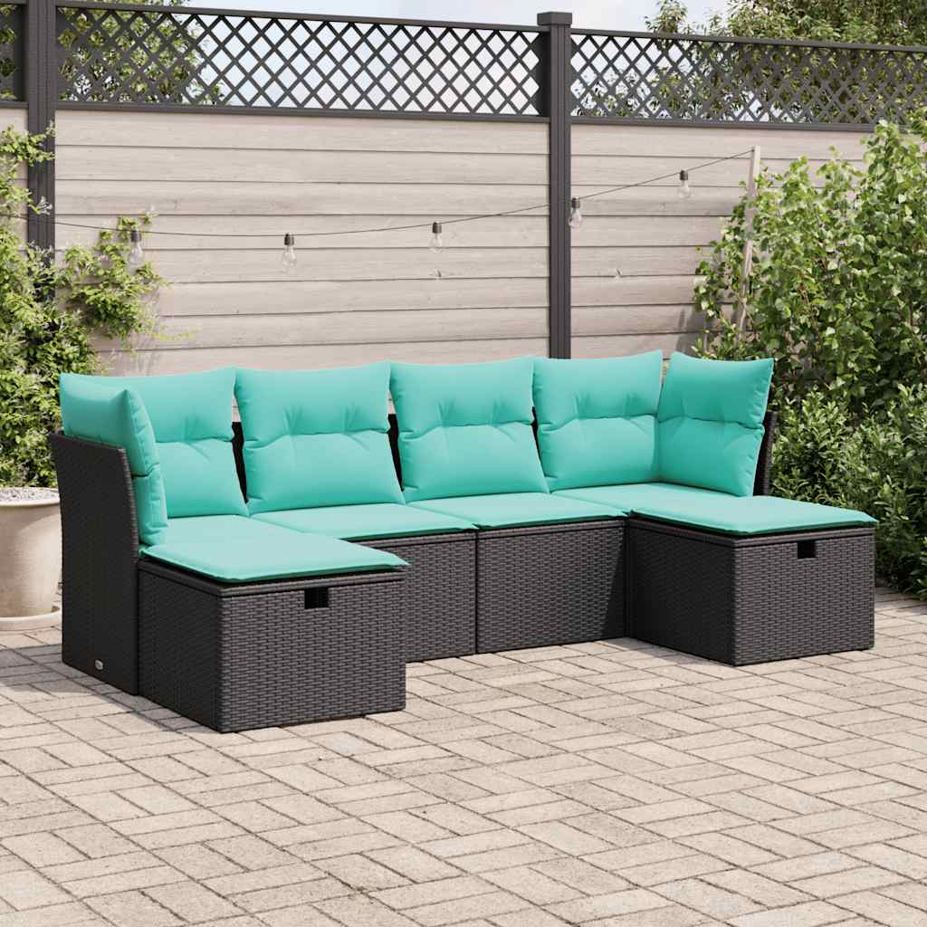 vidaXL 6-tlg. Garten-Sofagarnitur mit Kissen Schwarz Poly Rattan
