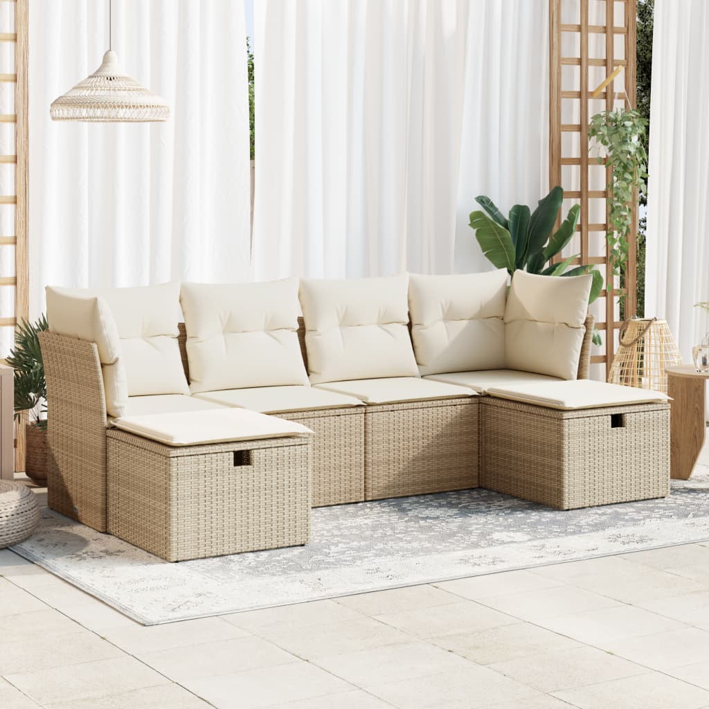 vidaXL 6-tlg. Garten-Sofagarnitur mit Kissen Beige Poly Rattan