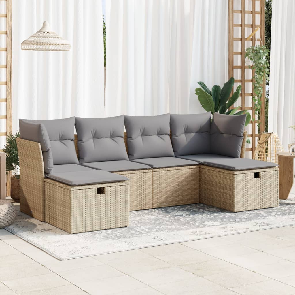 vidaXL 6-tlg. Garten-Sofagarnitur mit Kissen Beige Poly Rattan