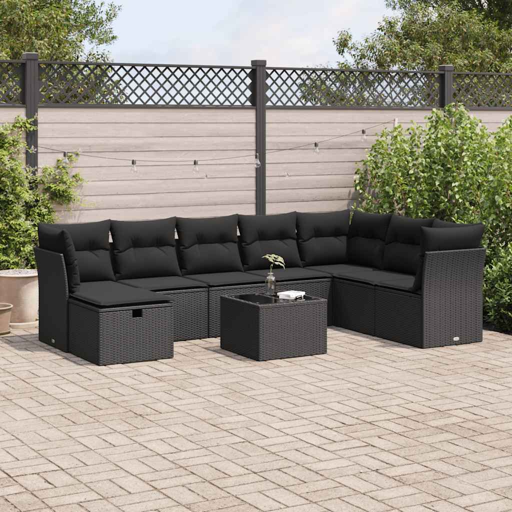 vidaXL 9-tlg. Garten-Sofagarnitur mit Kissen Schwarz Poly Rattan