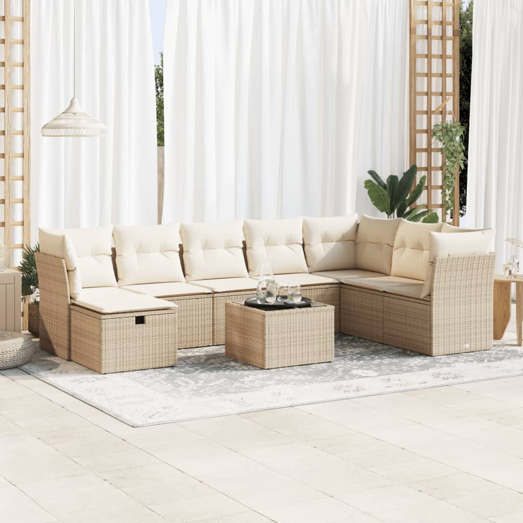 9-tlg. Garten-Sofagarnitur mit Kissen Beige Poly Rattan