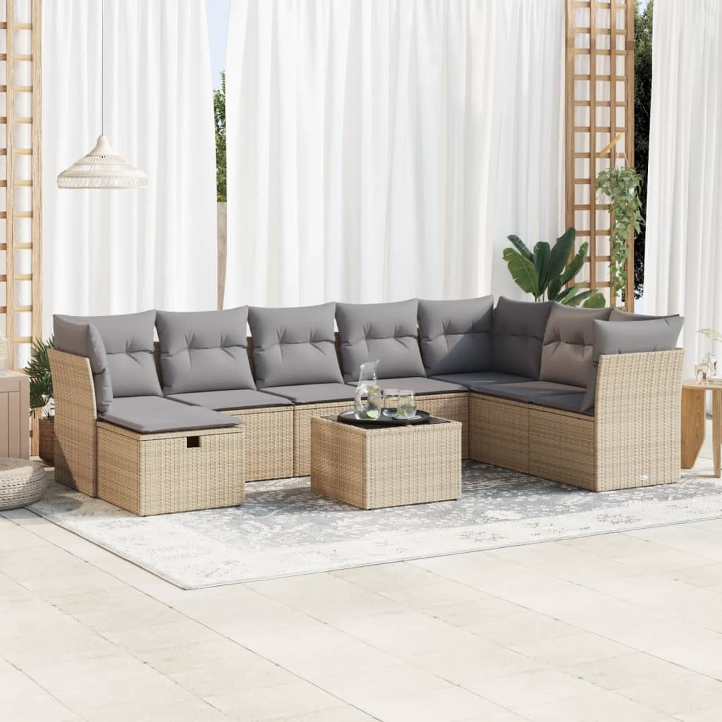 vidaXL 9-tlg. Garten-Sofagarnitur mit Kissen Beige Poly Rattan