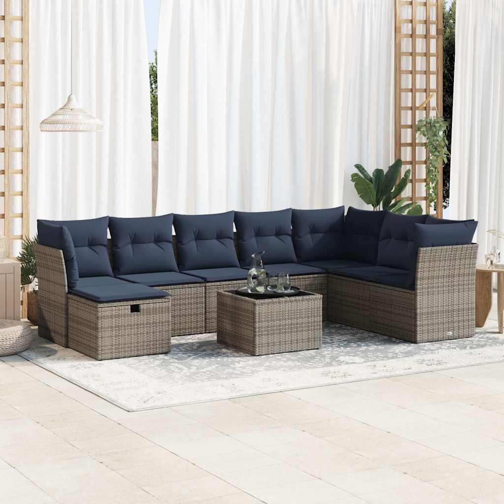 vidaXL Set canapele de grădină, 9 piese, cu perne, gri, poliratan