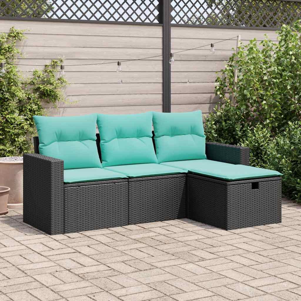 vidaXL Set mobilier de grădină cu perne, 4 piese, negru, poliratan