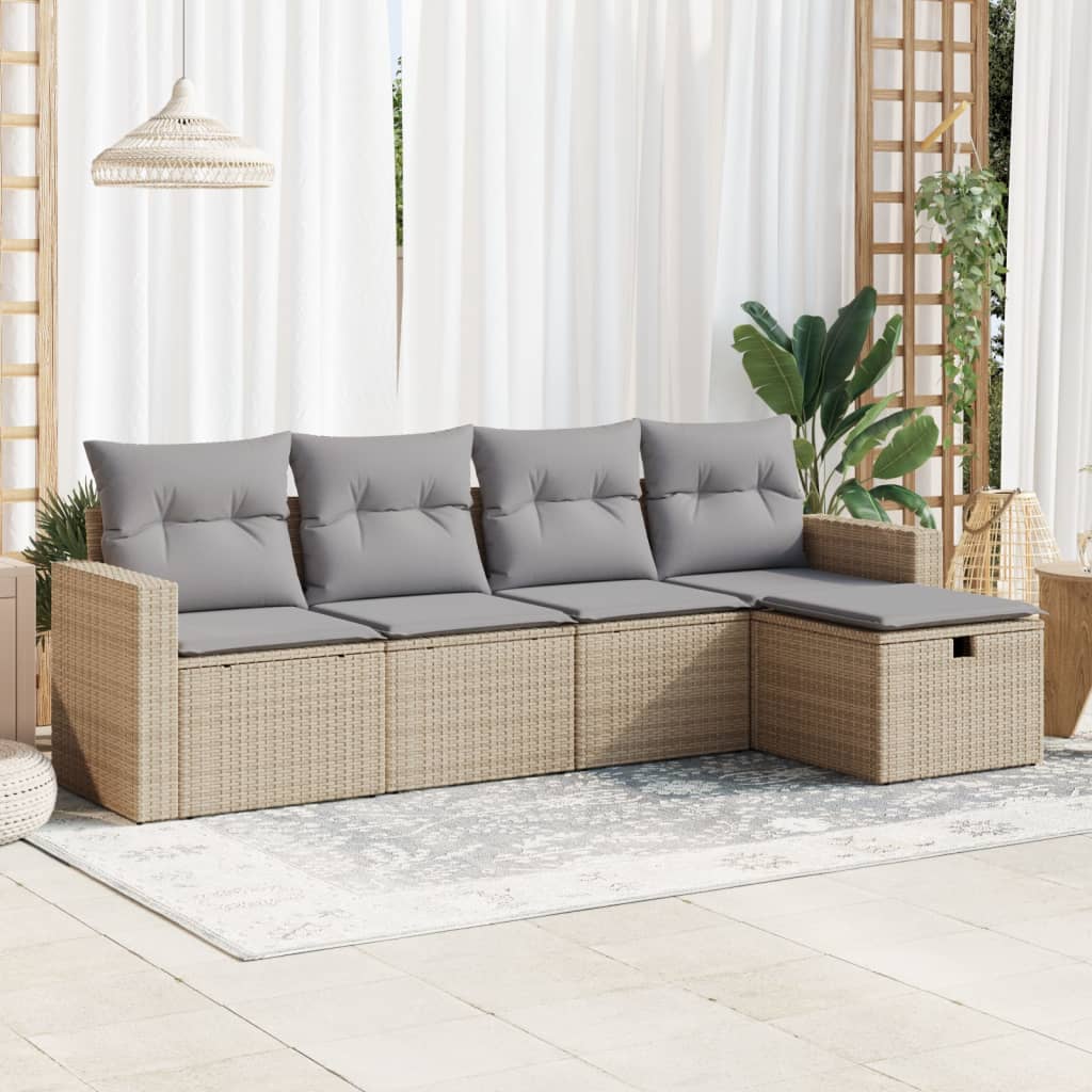 vidaXL 5-tlg. Garten-Sofagarnitur mit Kissen Beige Poly Rattan