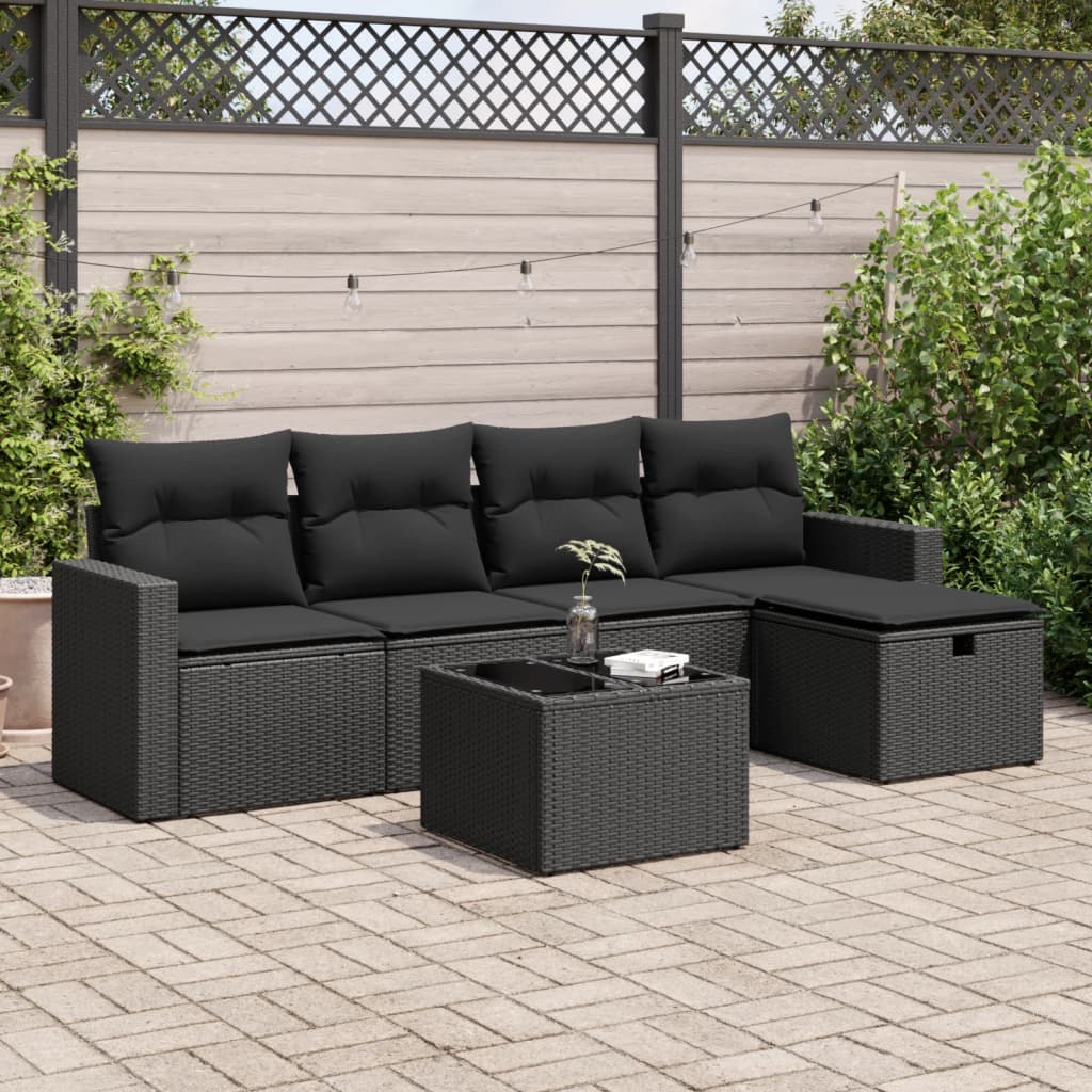 vidaXL 6-tlg. Garten-Sofagarnitur mit Kissen Schwarz Poly Rattan