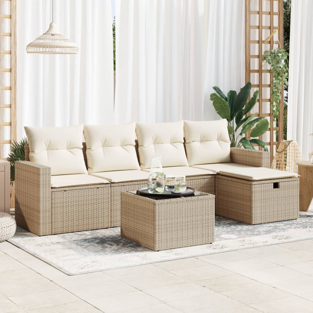 vidaXL 6-tlg. Garten-Sofagarnitur mit Kissen Beige Poly Rattan