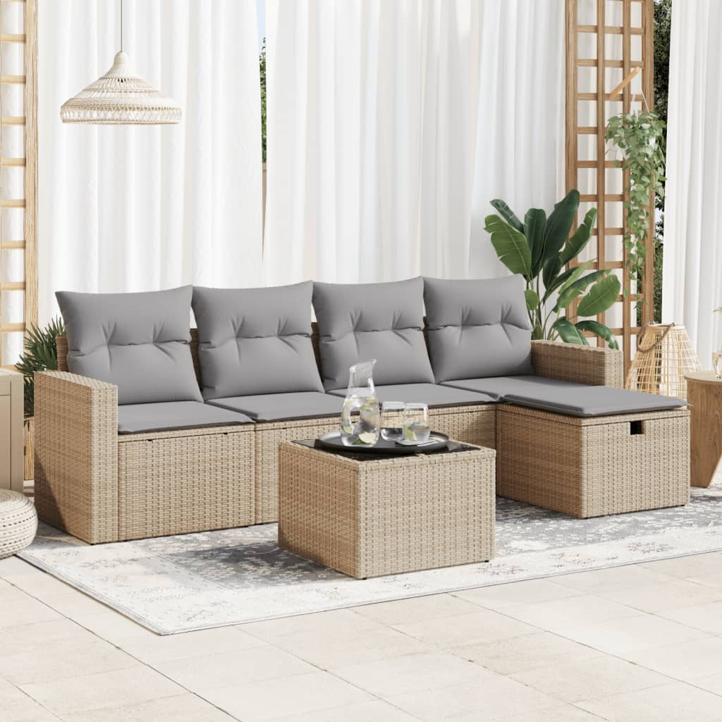 vidaXL 6-tlg. Garten-Sofagarnitur mit Kissen Beige Poly Rattan