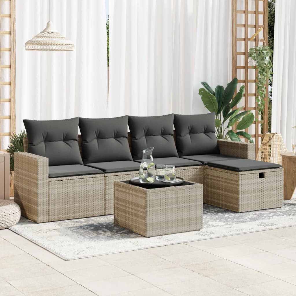 6-tlg. Garten-Sofagarnitur mit Kissen Hellgrau Poly Rattan