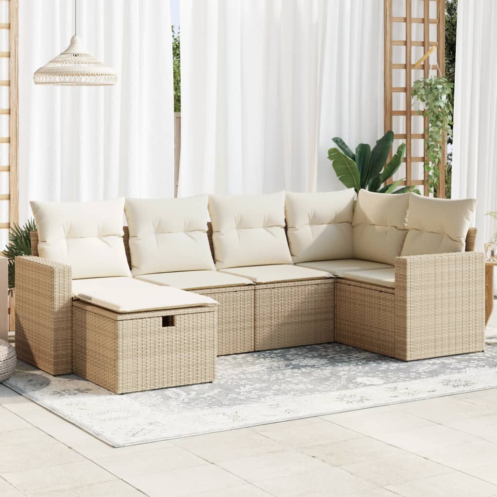 vidaXL 6-tlg. Garten-Sofagarnitur mit Kissen Beige Poly Rattan