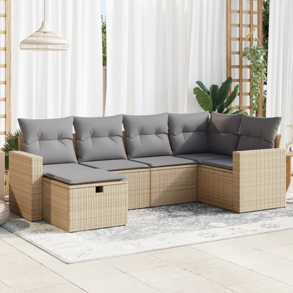 vidaXL 6-tlg. Garten-Sofagarnitur mit Kissen Beige Poly Rattan