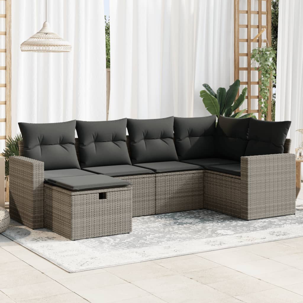 6-tlg. Garten-Sofagarnitur mit Kissen Grau Poly Rattan