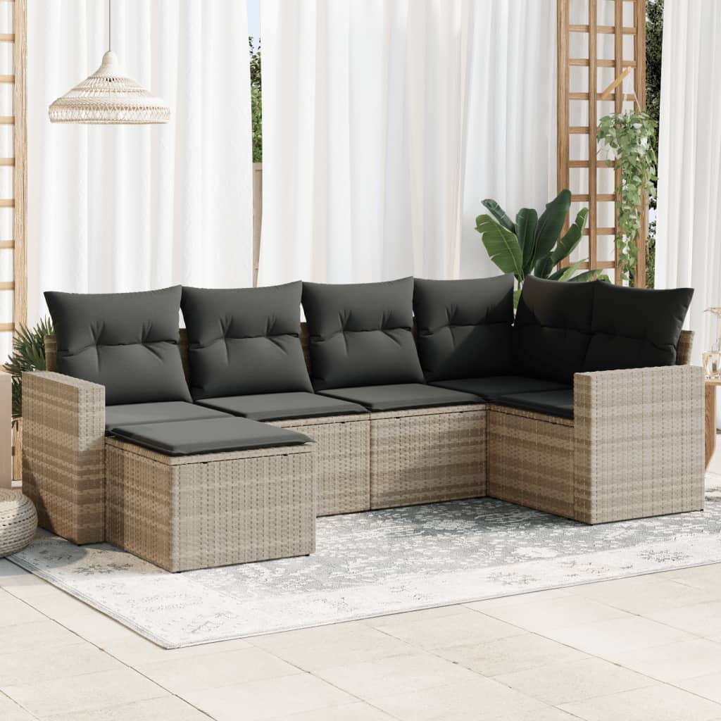 6-tlg. Garten-Sofagarnitur mit Kissen Hellgrau Poly Rattan