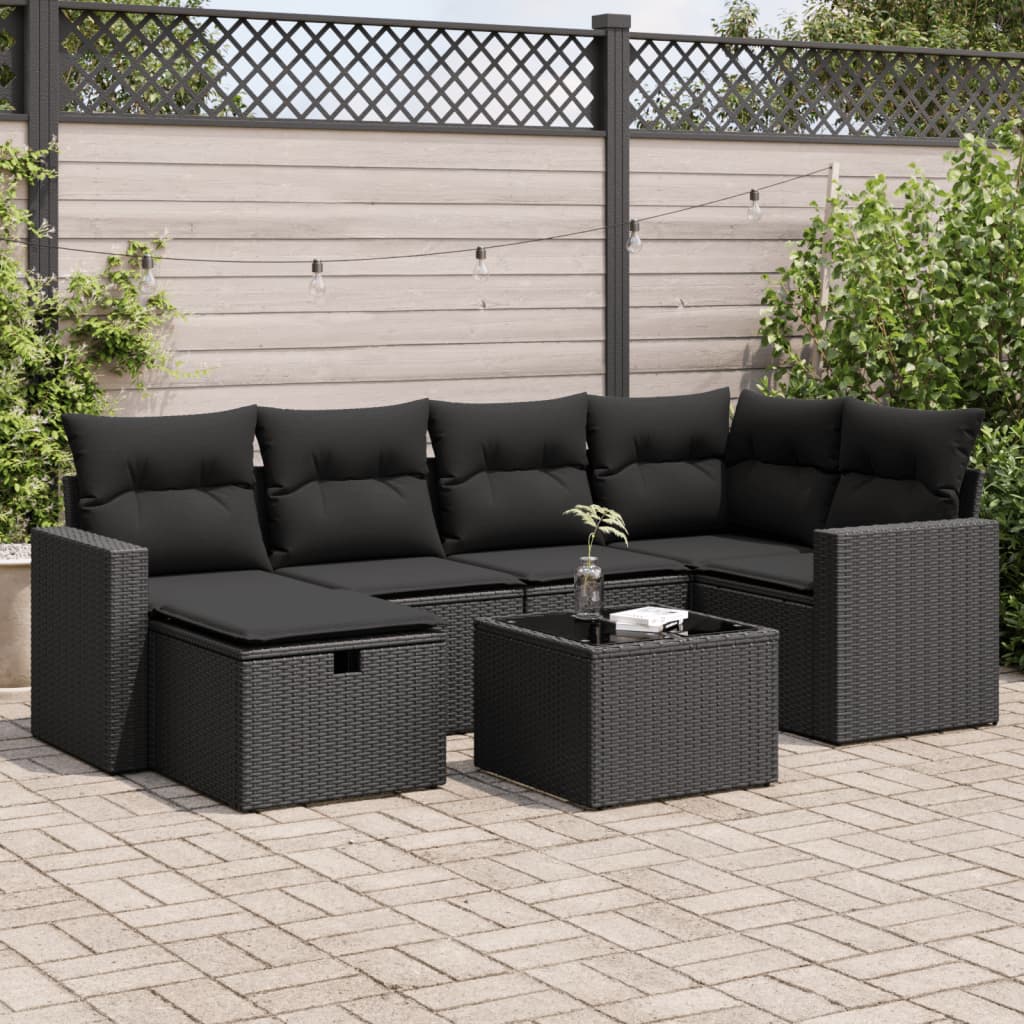 vidaXL 7-tlg. Garten-Sofagarnitur mit Kissen Schwarz Poly Rattan