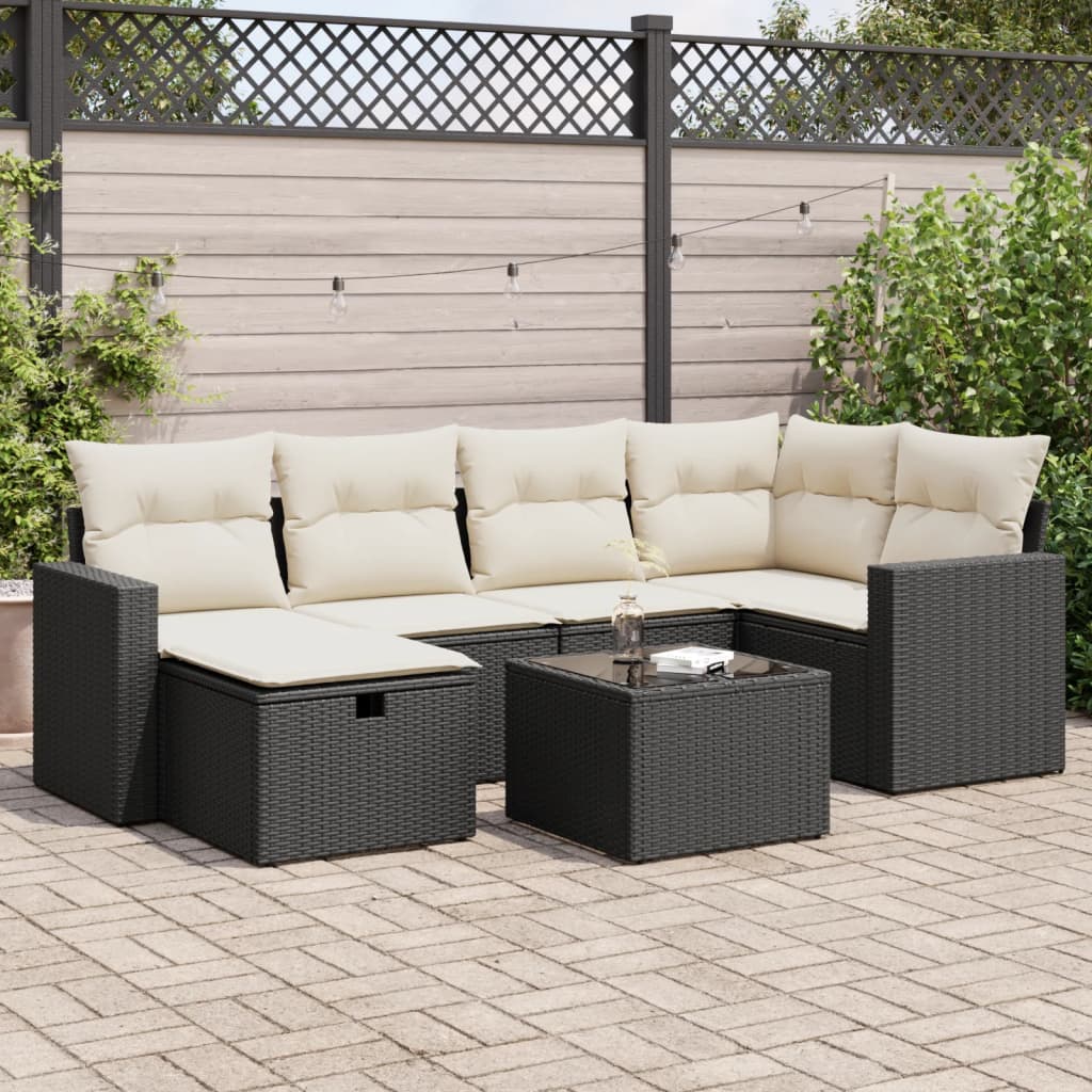 vidaXL 7-tlg. Garten-Sofagarnitur mit Kissen Schwarz Poly Rattan