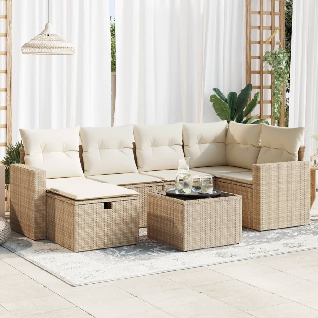 vidaXL 7-tlg. Garten-Sofagarnitur mit Kissen Beige Poly Rattan