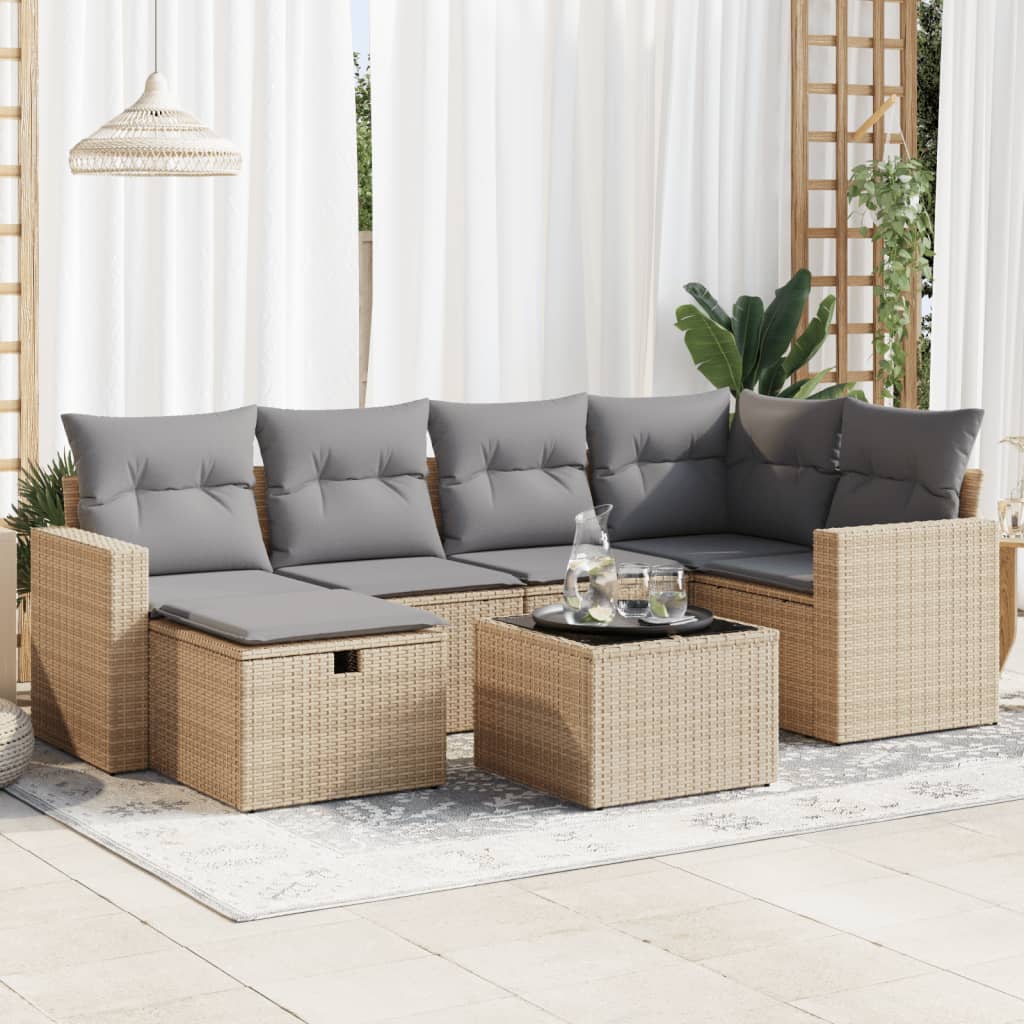 vidaXL 7-tlg. Garten-Sofagarnitur mit Kissen Beige Poly Rattan