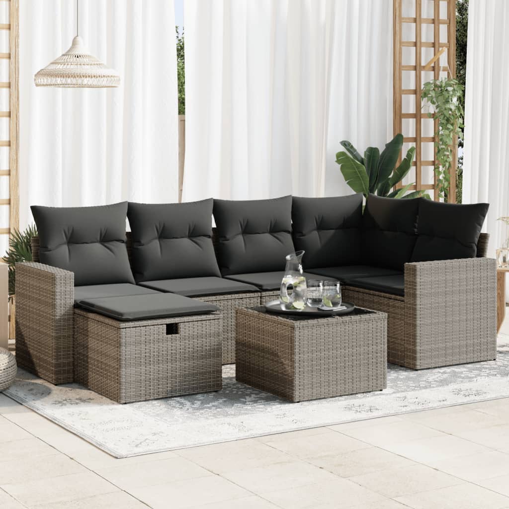 vidaXL 7-tlg. Garten-Sofagarnitur mit Kissen Grau Poly Rattan