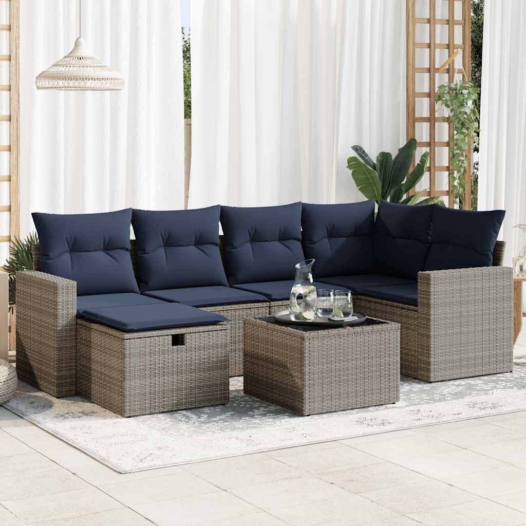 vidaXL 7-tlg. Garten-Sofagarnitur mit Kissen Grau Poly Rattan