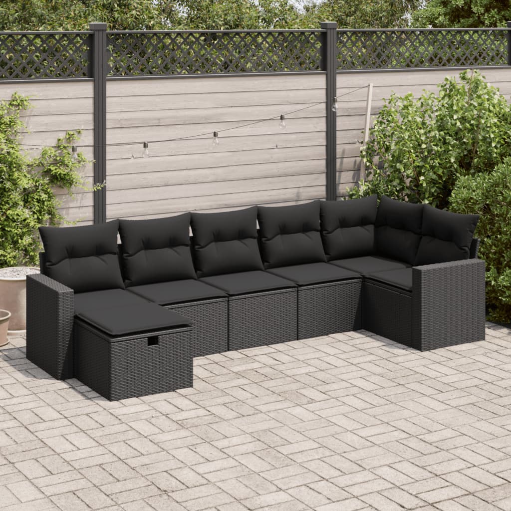 vidaXL 7-tlg. Garten-Sofagarnitur mit Kissen Schwarz Poly Rattan