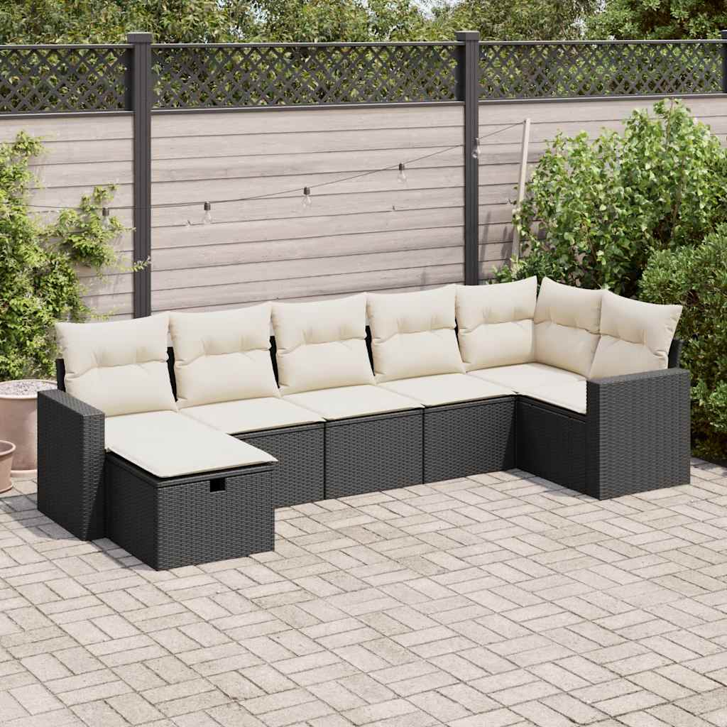 vidaXL 7-tlg. Garten-Sofagarnitur mit Kissen Schwarz Poly Rattan