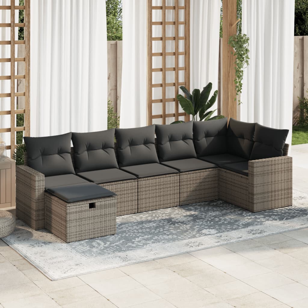 vidaXL 7-tlg. Garten-Sofagarnitur mit Kissen Grau Poly Rattan