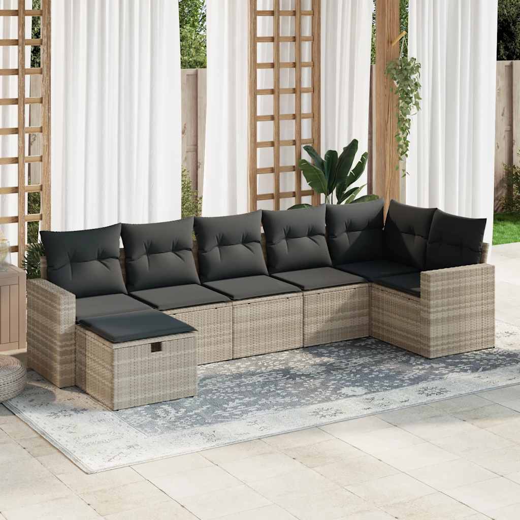 vidaXL 7-tlg. Garten-Sofagarnitur mit Kissen Hellgrau Poly Rattan