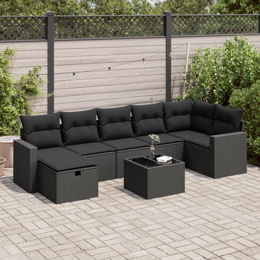 vidaXL 8-tlg. Garten-Sofagarnitur mit Kissen Schwarz Poly Rattan