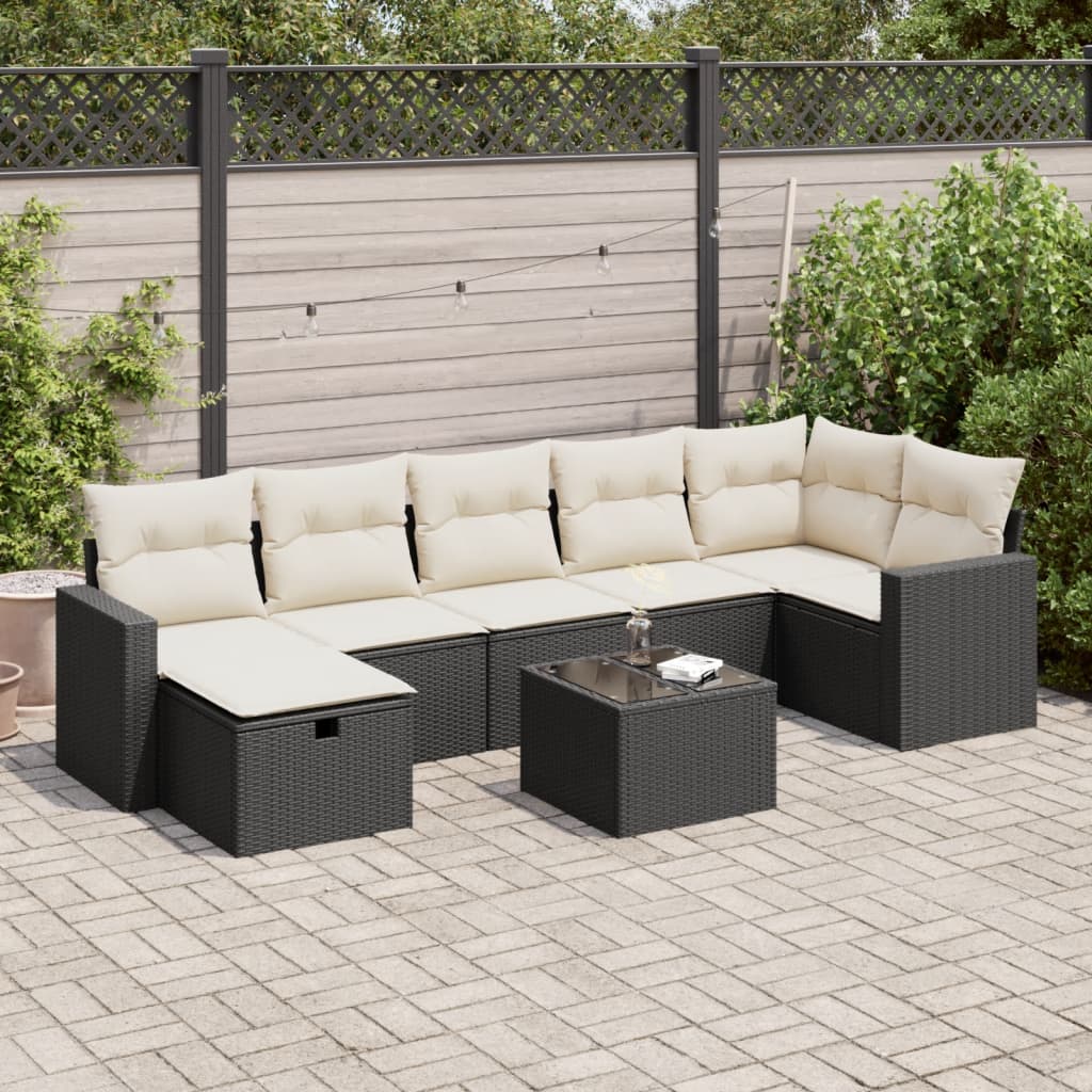 8-tlg. Garten-Sofagarnitur mit Kissen Schwarz Poly Rattan