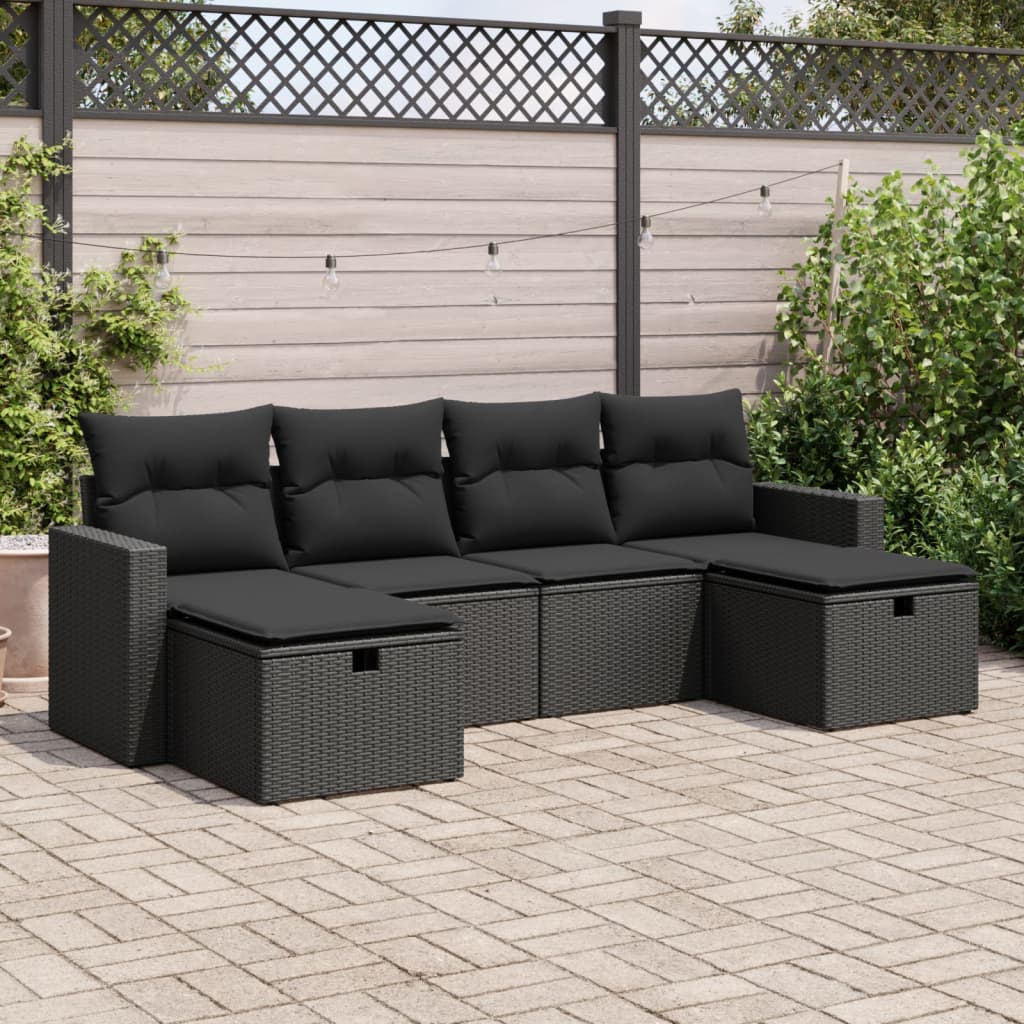 6-tlg. Garten-Sofagarnitur mit Kissen Schwarz Poly Rattan