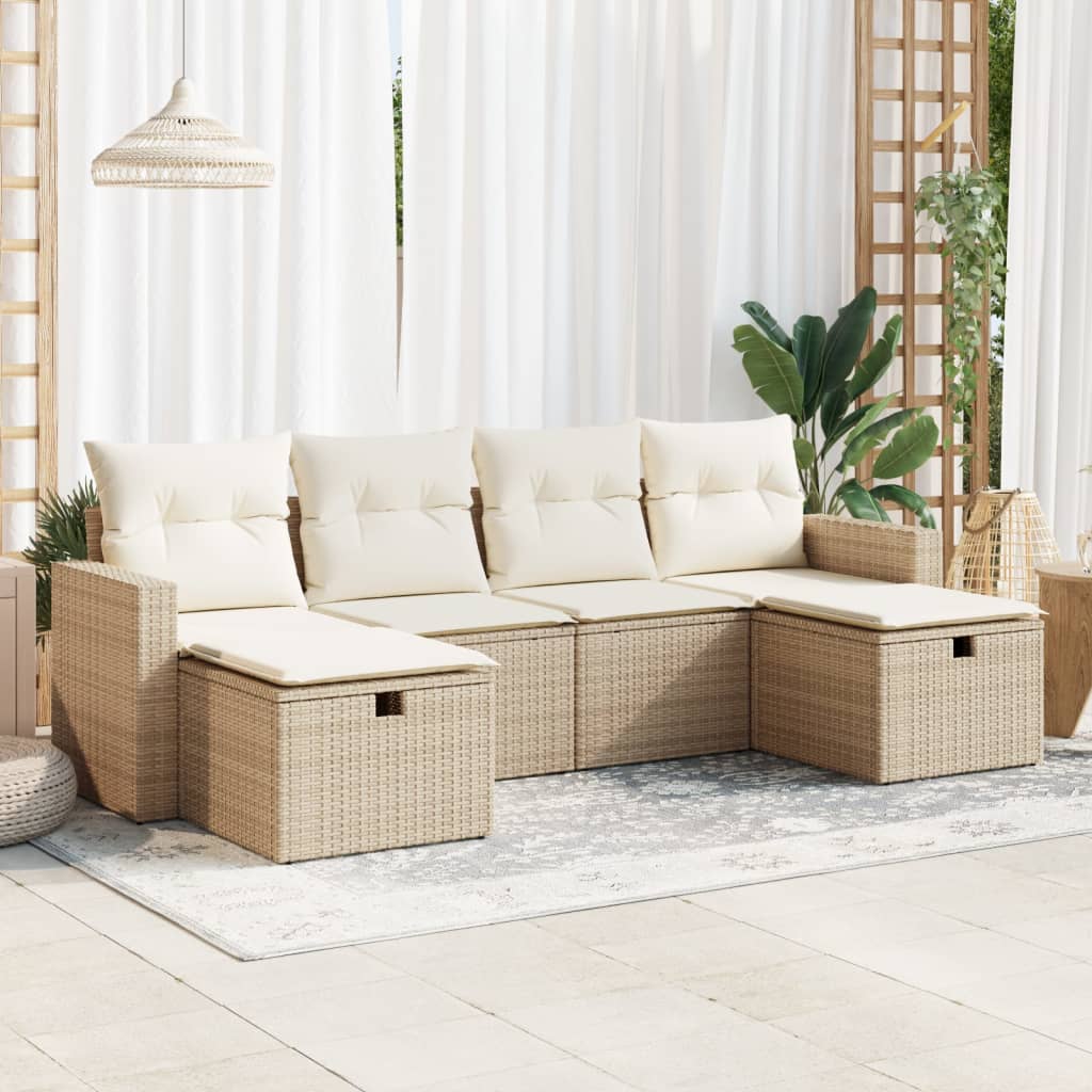 vidaXL 6-tlg. Garten-Sofagarnitur mit Kissen Beige Poly Rattan