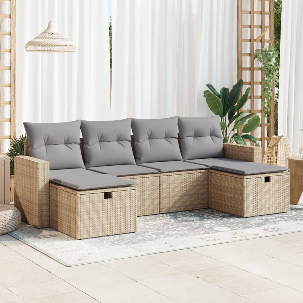 vidaXL 6-tlg. Garten-Sofagarnitur mit Kissen Beige Poly Rattan