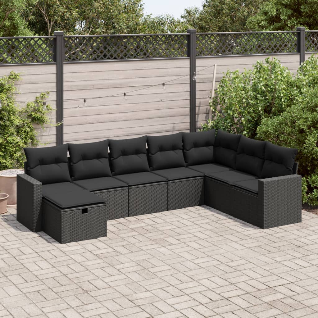 8-tlg. Garten-Sofagarnitur mit Kissen Schwarz Poly Rattan