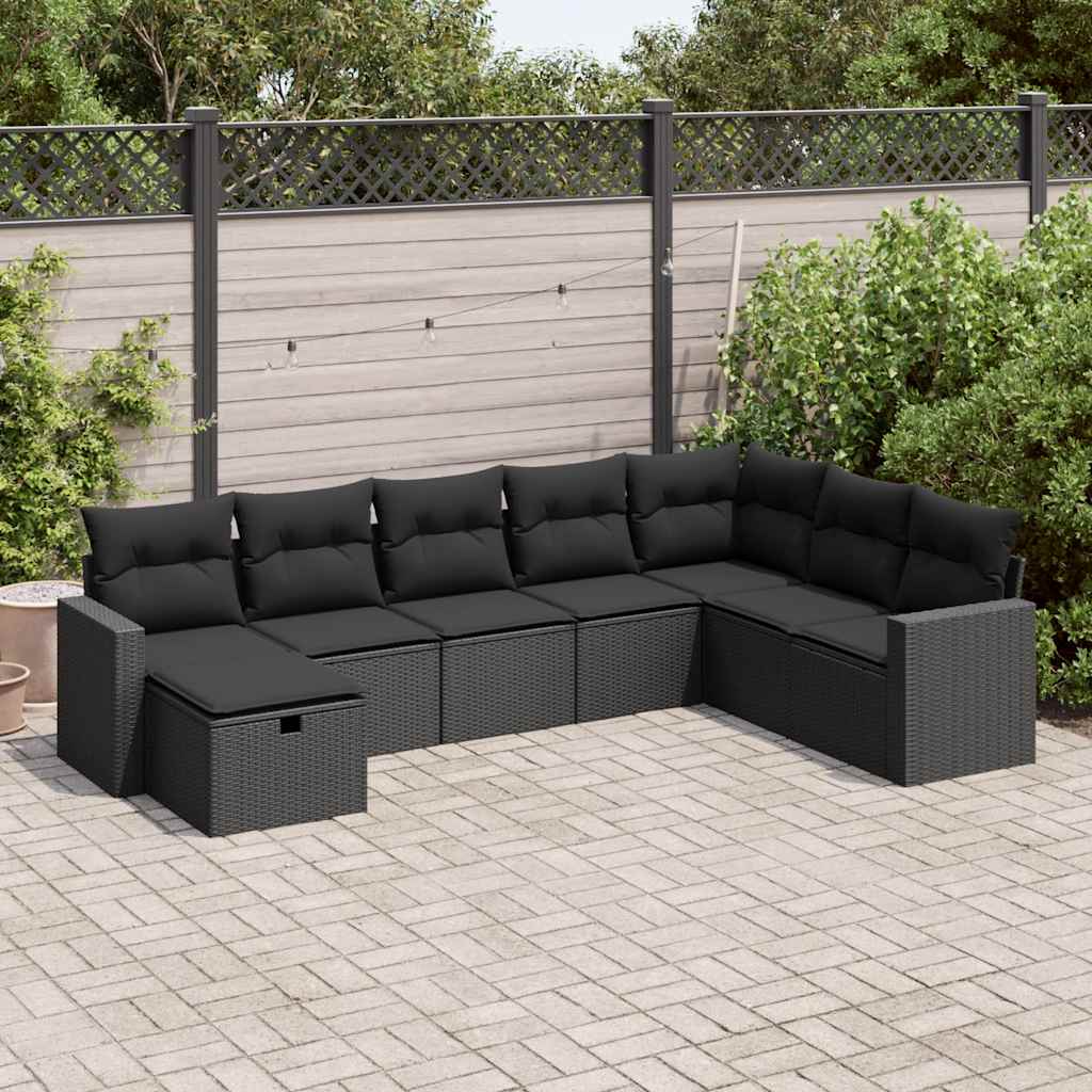 vidaXL 8-tlg. Garten-Sofagarnitur mit Kissen Schwarz Poly Rattan