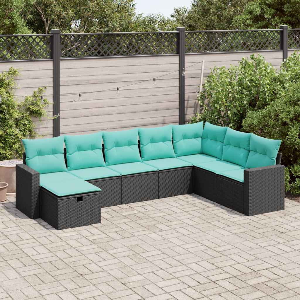 vidaXL 8-tlg. Garten-Sofagarnitur mit Kissen Schwarz Poly Rattan