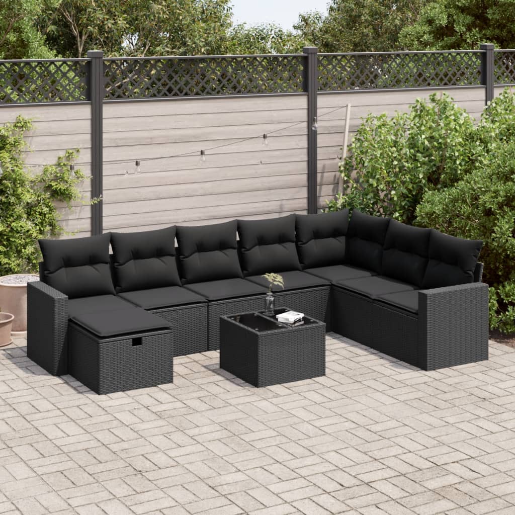 vidaXL 9-tlg. Garten-Sofagarnitur mit Kissen Schwarz Poly Rattan