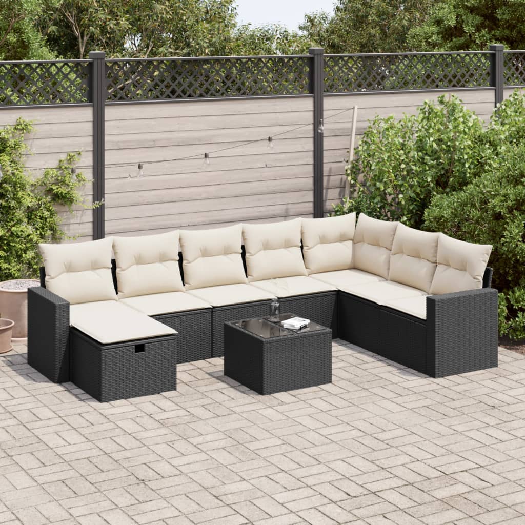 vidaXL 9-tlg. Garten-Sofagarnitur mit Kissen Schwarz Poly Rattan