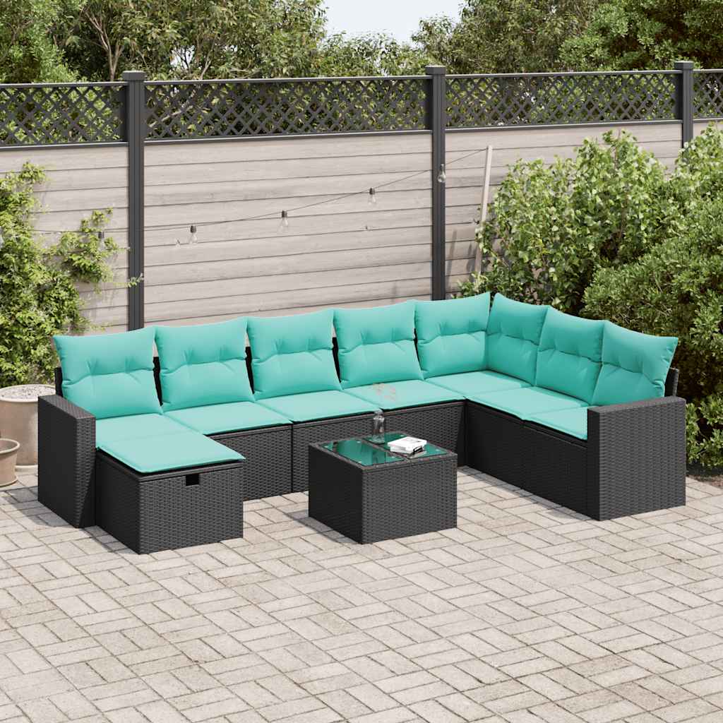 Sofasæt til haven i polyrattan - 9 dele med hynder, sort/blå