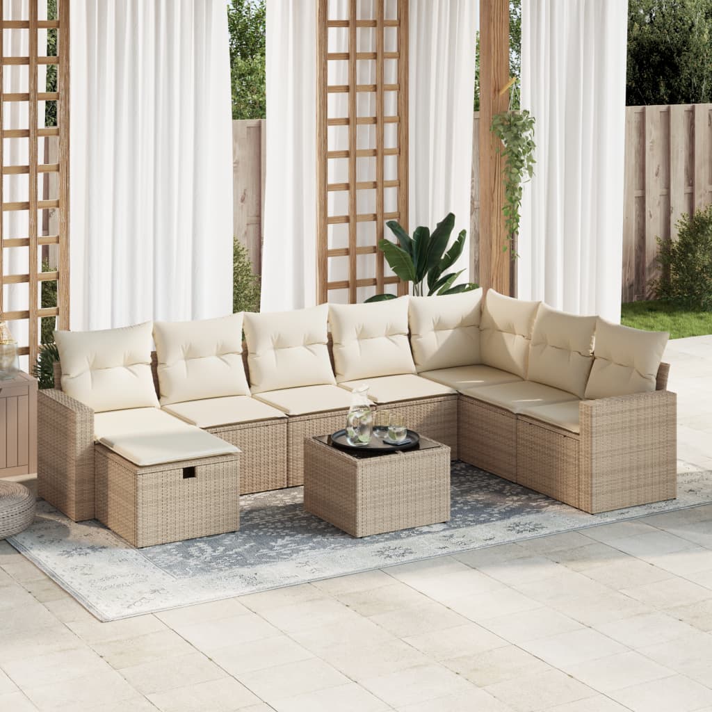 vidaXL 9-tlg. Garten-Sofagarnitur mit Kissen Beige Poly Rattan