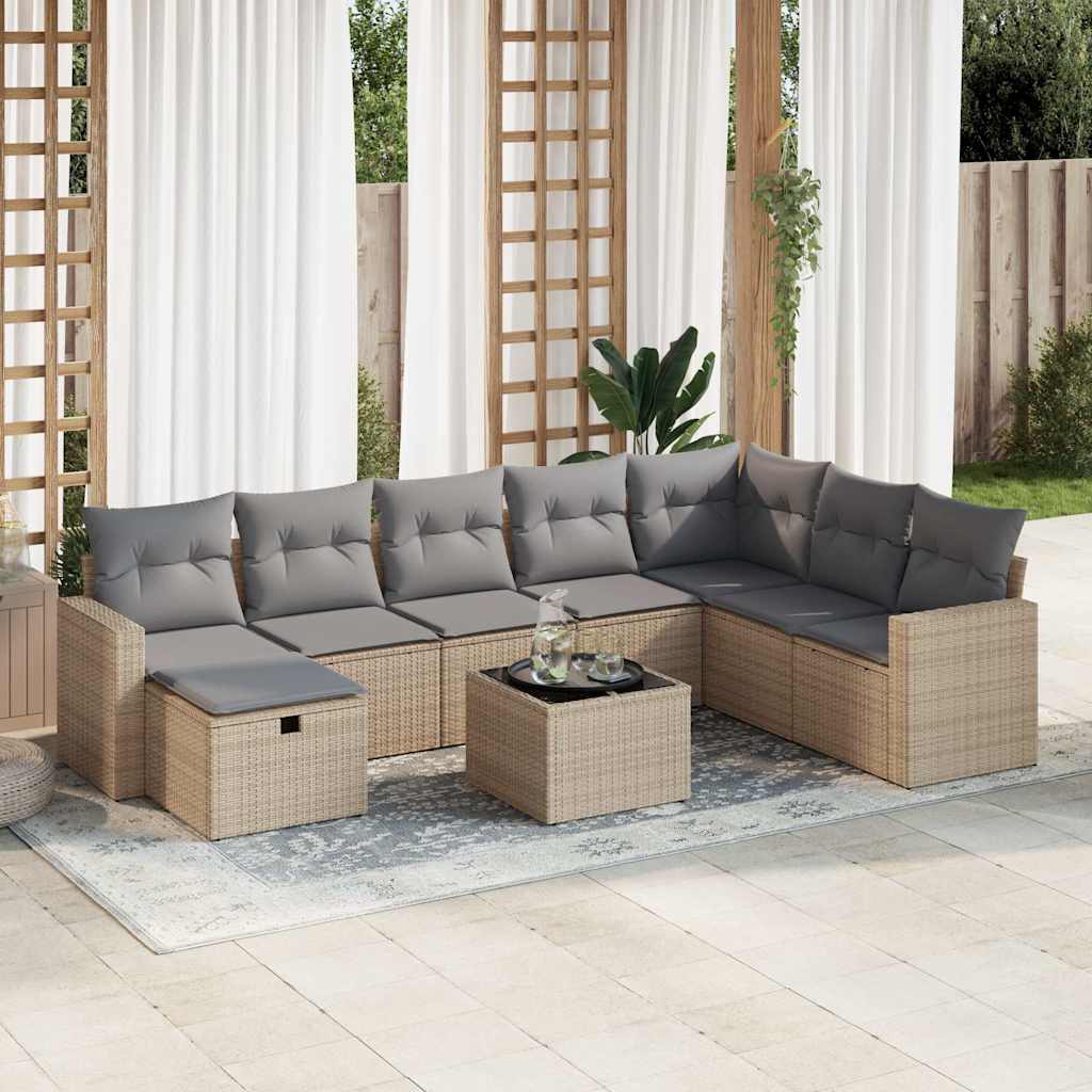 vidaXL Set canapele de grădină, 9 piese, cu perne, bej, poliratan