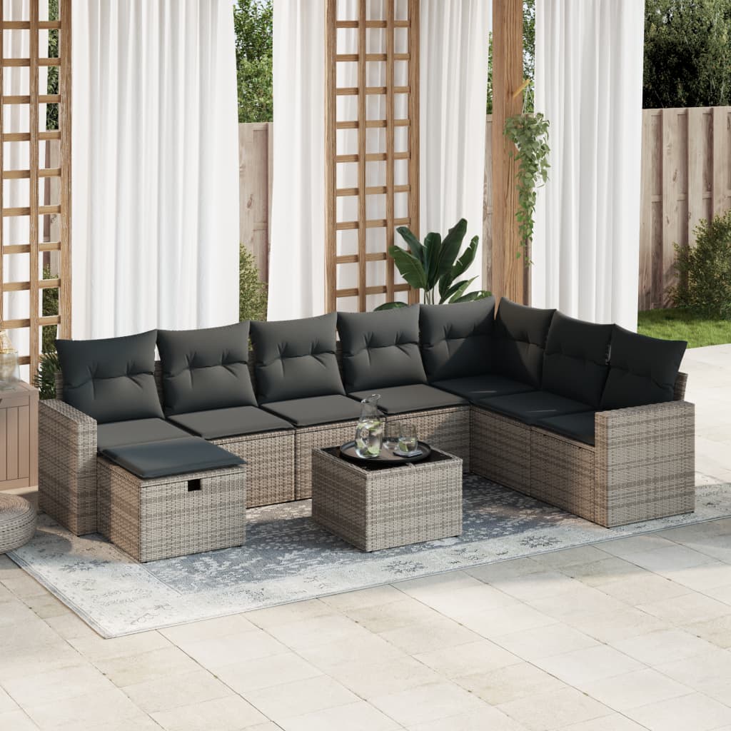 vidaXL 9-tlg. Garten-Sofagarnitur mit Kissen Grau Poly Rattan