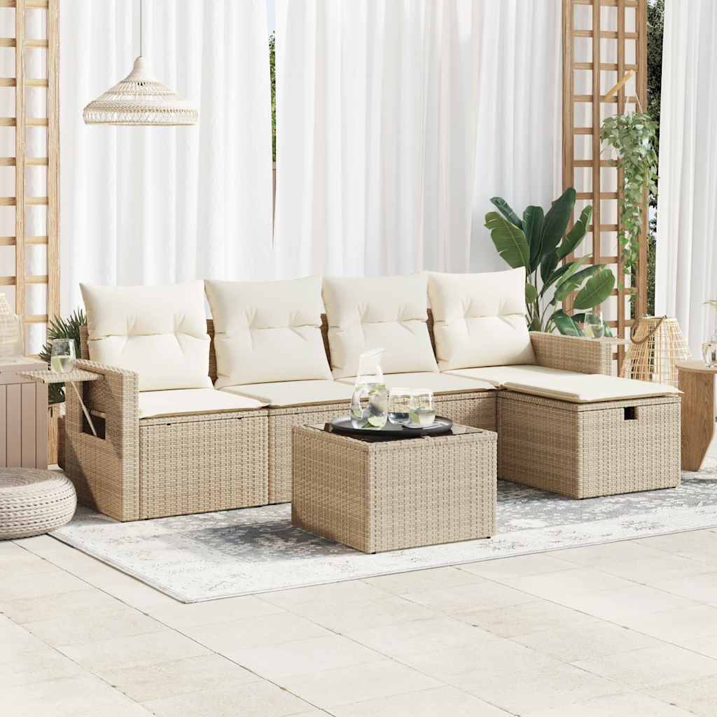 vidaXL 6-tlg. Garten-Sofagarnitur mit Kissen Beige Poly Rattan