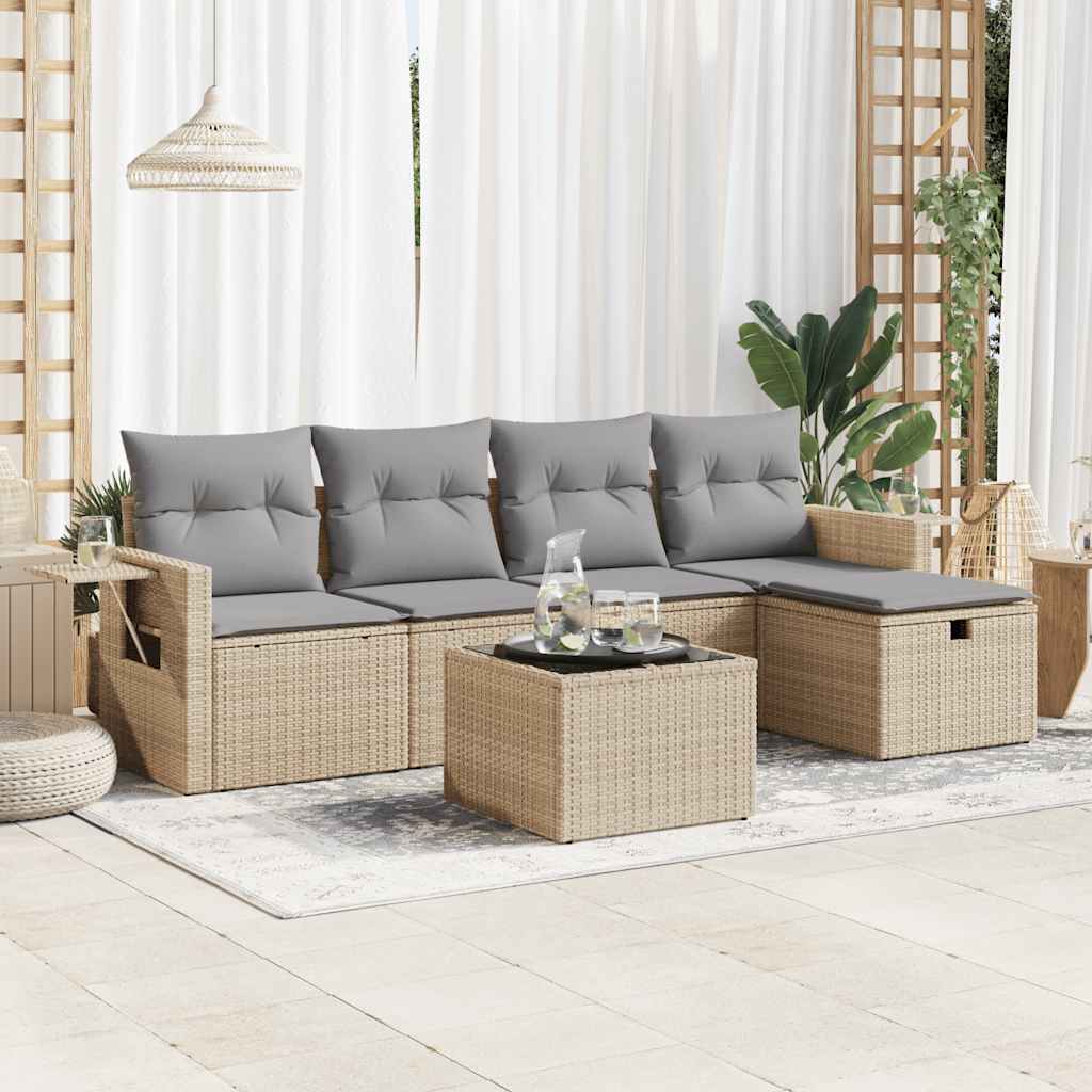 vidaXL 6-tlg. Garten-Sofagarnitur mit Kissen Beige Poly Rattan